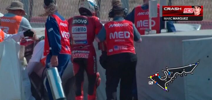 Susto de campeonato para Marc Márquez en Texas: caída brutal a casi 200 km/h y aviso médico