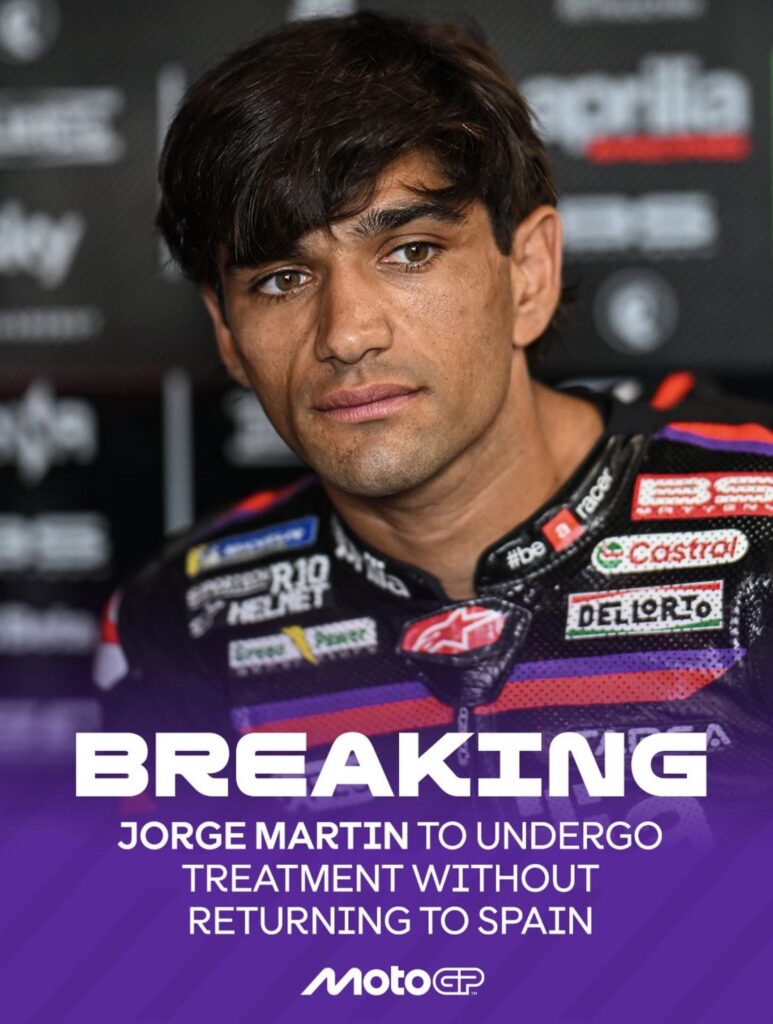 Jorge Martín llega lesionado al GP de Malasia: correrá con la muñeca fracturada y bajo evaluación médica